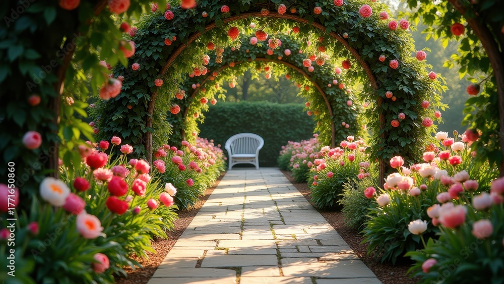 Fototapeta premium Stone pathway leading through rose covered archway to cushioned bench amid pink tulips in sunlight, concept of garden romance, wedding venue, spring retreat