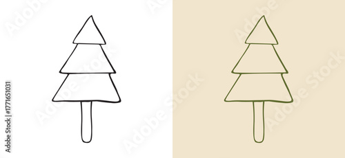 Minimalist sketch-style geometric conifer icon. Clean, layered outline perfect for modern winter holiday designs, festive symbols, and clean seasonal decoration graphics.