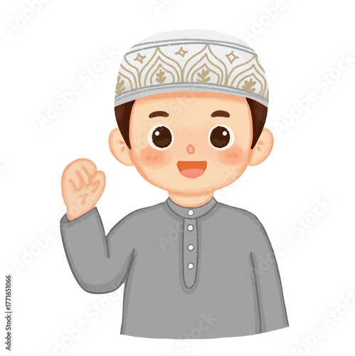 Cheerful Muslim Boy Celebrating Eid in Traditional Clothing Illustration