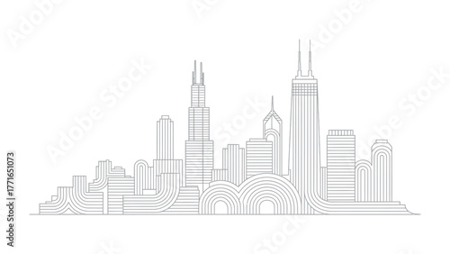 Cityscape Silhouette: A detailed outline of a city skyline, showcasing iconic buildings, representing the urban landscape. 