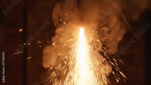 Sparks fall slowly from a hanging electrical wire, illuminating smoke.
