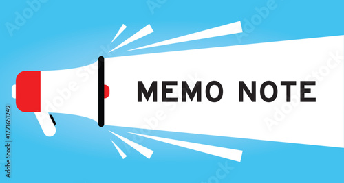 Color megaphone icon with word memo note in white banner on blue background