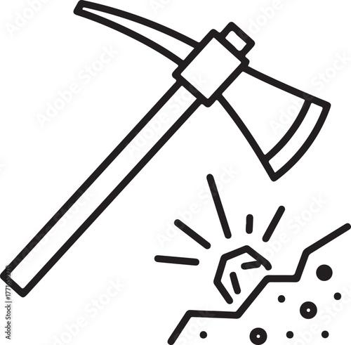 Pickaxe mining stone symbol hard work and labor concept outlined simple line art