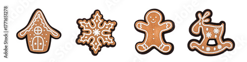 Set of traditional gingerbread Christmas cookies isolated on white background.