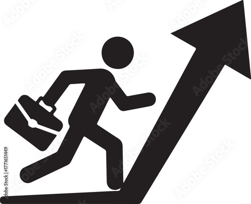 Businessman icon running upwards on an arrow symbolizing career growth success and professional advancement achievement