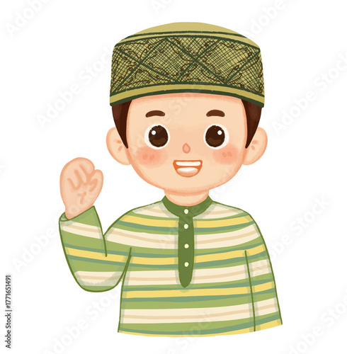 Adorable cartoon illustration of a young boy wearing a traditional Islamic cap and a striped thobe, waving happily with a bright smile
