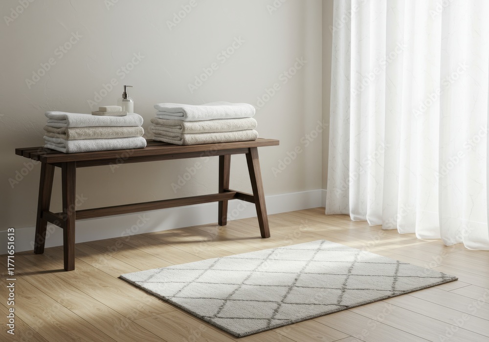 Fototapeta premium Neatly stacked bath linens rest upon a dark wooden bench beside sheer white window coverings