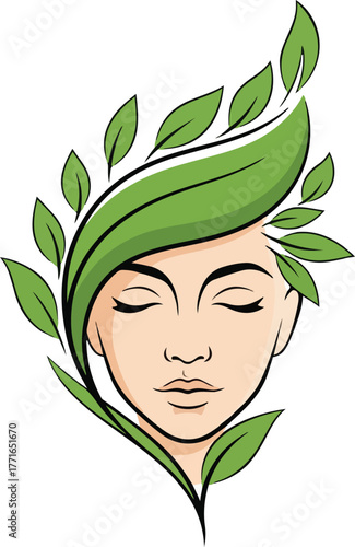 Self care icon person face with leaves and calm expression 