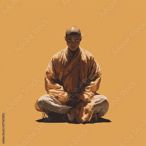 A monk meditating peacefully in a lotus position with eyes closed.