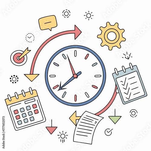 Illustration of a clock with calendar, checklist, and gears representing time management and project planning