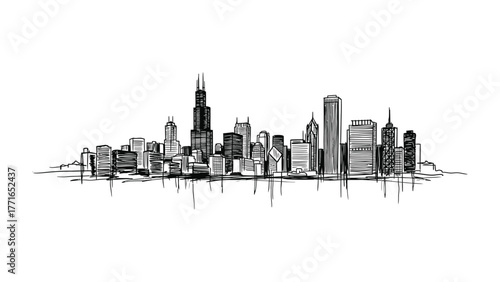 Urban Silhouette: A minimalist skyline sketch depicts the impressive cityscape, representing the essence of a modern metropolitan hub, with the towering structures reaching for the sky.