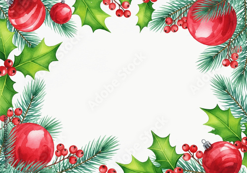 festive watercolor holiday background with christmas ornaments and pine branches for design