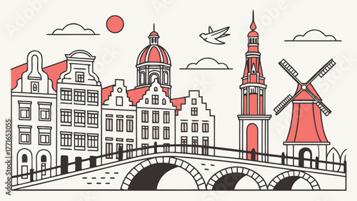Amsterdam skyline featuring iconic windmills, buildings, bridges, and birds. Perfect for travel brochures, city guides, and tourism websites.