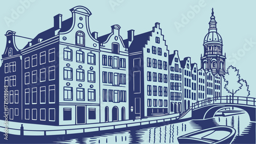 Amsterdam city skyline, canals, bridge, tower houses reflection, suitable for travel websites, brochures, blogs, and cityscapethemed designs.
