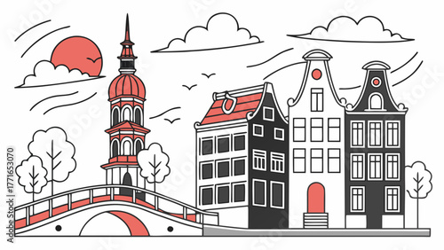 Amsterdam city skyline with canals, buildings, and church tower creates a picturesque view. Suitable for travel brochures, websites, and tourism ads.