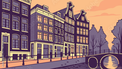 Amsterdam city skyline artistic depiction captures buildings reflecting in canal cityscape, perfect for travel websites, brochures, and tourism blogs.