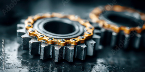 Industrial Sprocket Gear with Golden Roller Chain on Wet Dark Surface