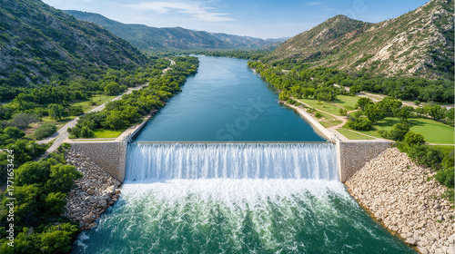 Wide aerial view of large dam with water flowing over edge surrounded by green trees and rocky hills under blue sky