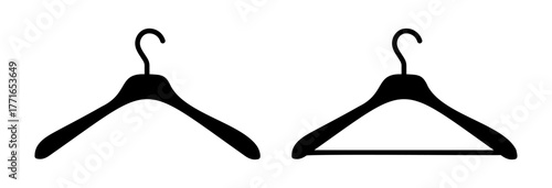 Hanger wardrobe icon set. Cloakroom black silhouette simple pictogram collection. Clothes rack, service symbol. Dry cleaning pattern, clothing store flat sign.