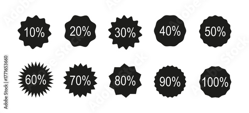 Circle sticker with percent discount from 10 to 100. Wavy edge promo black badges. Star burst shape featuring sale tags. Vintage price drop labels stickers. Promotional black icons. Percentage banners
