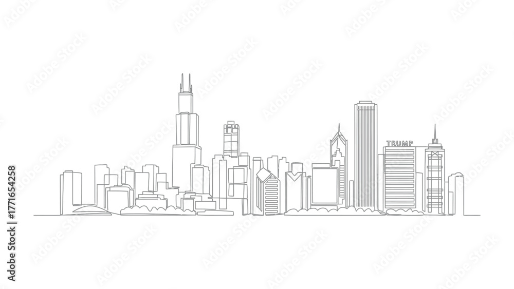 Naklejka premium Chicago Skyline Outline: Capturing the silhouette of an iconic city skyline with a minimalist line art style, showcasing the essence of urban architecture and design.