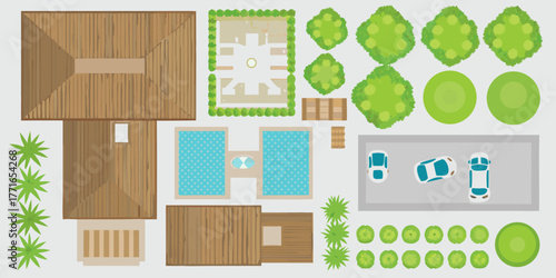 Top down view of a modern house with a swimming pool garden and parking lot