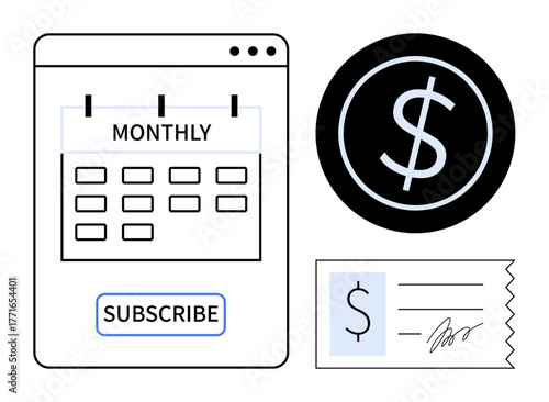Calendar interface for monthly subscription, dollar coin, and payment receipt. Ideal for subscriptions, budgeting, payments, finance, e-commerce planning business. Clean simple flat metaphor