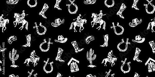 Whimsical western pattern featuring cowboys on horses boots hats and cacti on black background
