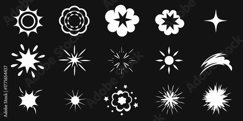 Collection of white abstract explosion and starburst graphic elements on a black background