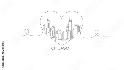 Chicago Love: A minimalist line drawing captures the essence of Chicago's skyline, enclosed within a heart, with a delicate line extending, representing connection and affection.