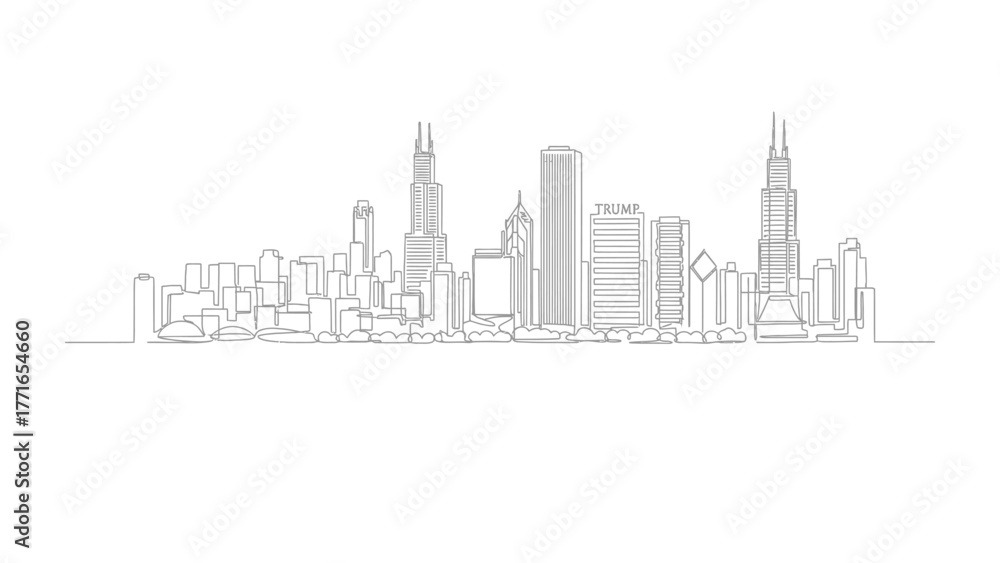 Fototapeta premium Chicago Skyline Illustration: A minimalistic line drawing showcases the architectural marvel of a famous city skyline, presenting the iconic buildings and urban landscape in a sleek and modern style.