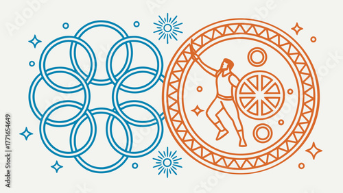 Abstract illustration of a person interacting with circular patterns representing motion, balance and cosmic energy