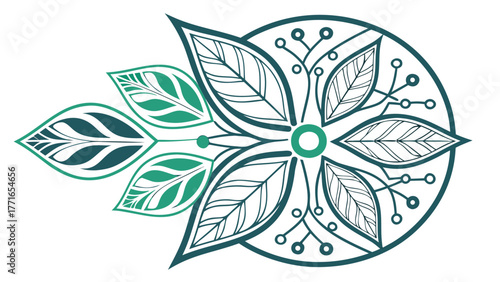Abstract floral design blending natural leaves with circuit patterns symbolizing eco technology and innovation