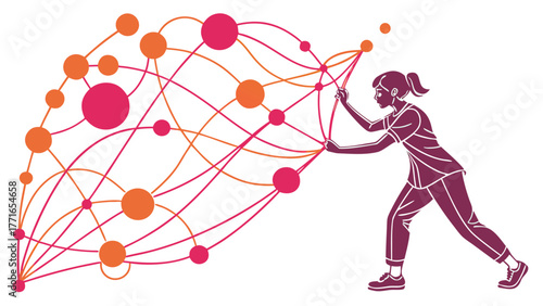 Woman interacting with abstract network of connected nodes symbolizing data, communication and influence