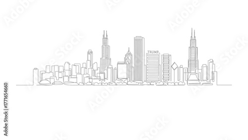 Chicago Skyline Illustration: A minimalistic line drawing showcases the architectural marvel of a famous city skyline, presenting the iconic buildings and urban landscape in a sleek and modern style.