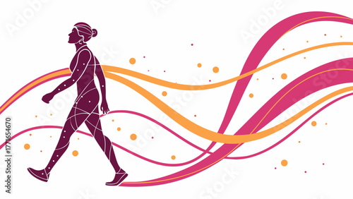 Woman walking with dynamic colorful waves symbolizing energy, movement and health