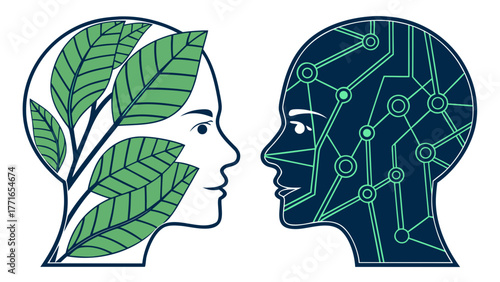 Human head with leaves facing a digital head with circuits symbolizing harmony between nature and technology