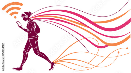 Young woman walking with smartphone and headphones surrounded by flowing digital signals representing connectivity and mobility