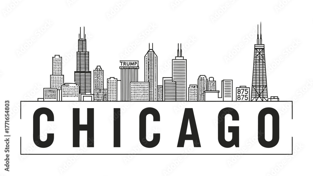 Fototapeta premium Chicago Cityscape Sketch: A stylized sketch of the Chicago skyline, capturing the iconic architecture and urban character, showcasing its unique silhouette and metropolitan charm.