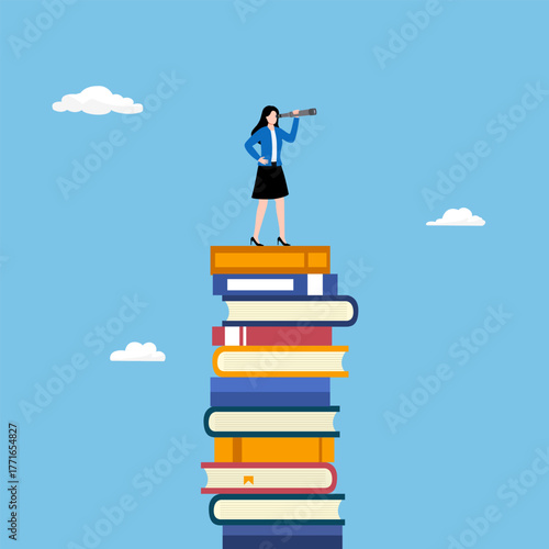 young woman standing on stairs made of books looking at sky with telescope. concept of children education, learning, development and growth, reaching future goals. vector illustration