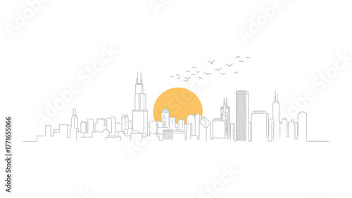 Chicago's Sunrise Silhouette: A minimalist, artistic portrayal of the Chicago skyline emerges against a setting sun, with a flock of birds taking flight, conveying the vibrant pulse of urban life. 