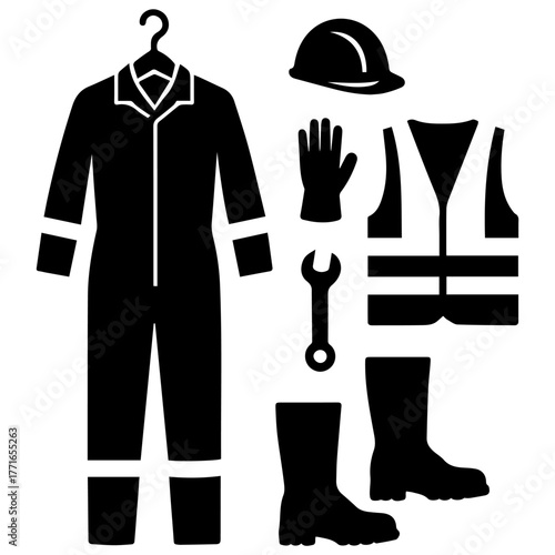 set of personal protective equipment and workwear: coveralls on a hanger, hard hat, gloves, high-visibility safety vest, wrench, and heavy boots—ideal for construction, industry signage, manuals.