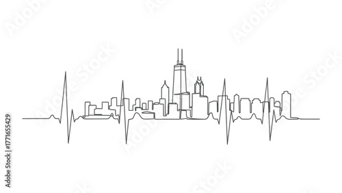 Chicago Skyline Heartbeat: A minimalist line drawing captures the vibrant essence of Chicago's iconic skyline interwoven with a dynamic heartbeat, representing the city's pulsing energy.
