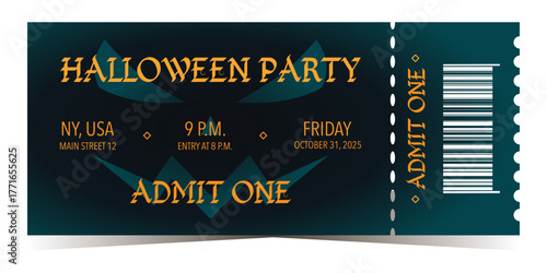 Halloween party ticket template with smiling scary face and event details