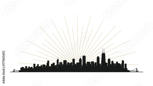 Cityscape Silhouette with Sunrise: A stunning, silhouetted city skyline rises against a radiating sunrise, evoking a sense of urban energy and morning promise.