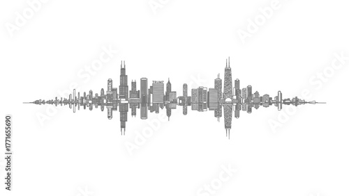 Cityscape Echo: A minimalist monochromatic depiction of a city's skyline, cleverly mirrored to resemble a sonic wave. This artwork evokes a sense of urban rhythm, modern architecture.