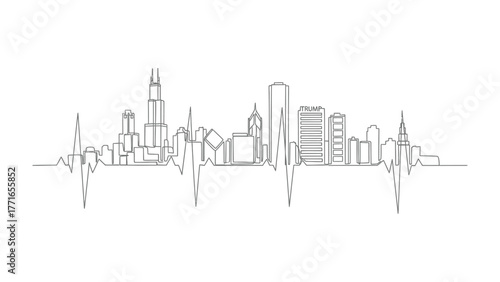 Skyline Heartbeat: A dynamic architectural cityscape pulsates with a heartbeat rhythm, representing the vibrant energy and pulse of a thriving urban environment. 