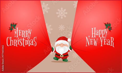 Christmas and New Year greeting card with cute Santa Claus holding curtains in his hand