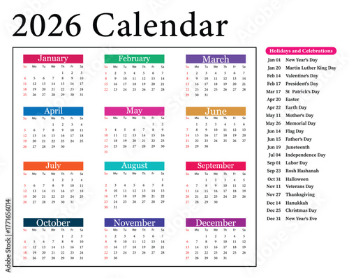 2026 year calendar with holidays and dates. Colorful 2026 calendar grid with year display