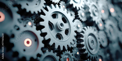 Interconnected System of Grey Mechanical Gears Representing Teamwork and Industry
